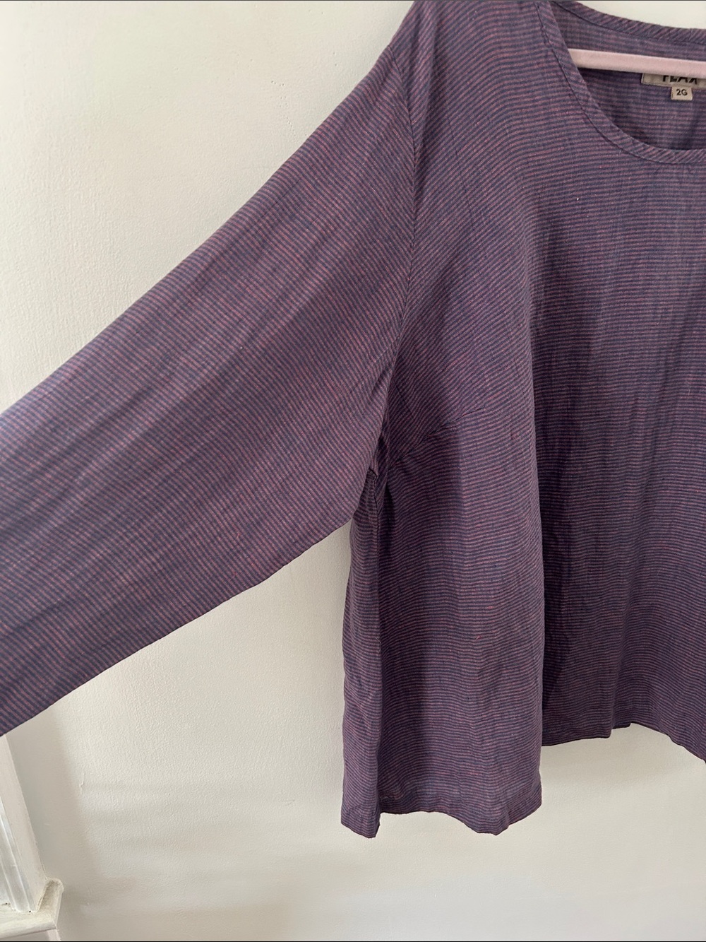 Flax Lavender Stripe Long-Sleeve Top Oversized Lagenlook Linen Coastal Popover - Picture 2 of 15